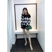 珂依舍2017秋装新款秋装新款菱格格子针织毛衣裙女宽松长袖中长款毛衣套头