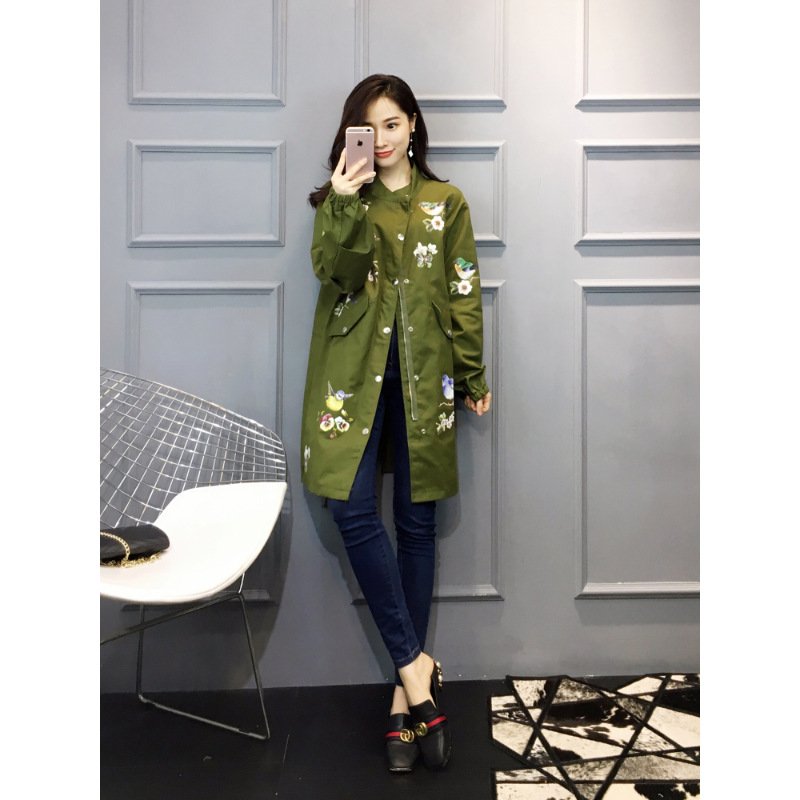 珂依舍2017秋装新款秋季重工艺印花复古宽松原宿风长袖军绿军装BF风衣外套女