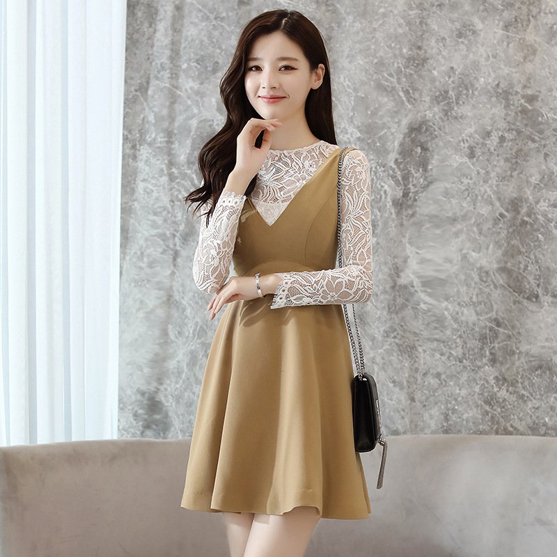 珂依舍2017秋装新款新款秋装收腰a字背带裙三件套女套装裙长袖蕾丝连衣裙