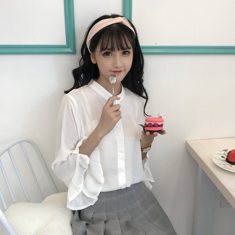 珂依舍2017秋装新款实价复古亲肤立领单排扣衬衫喇叭袖衬衣女上衣