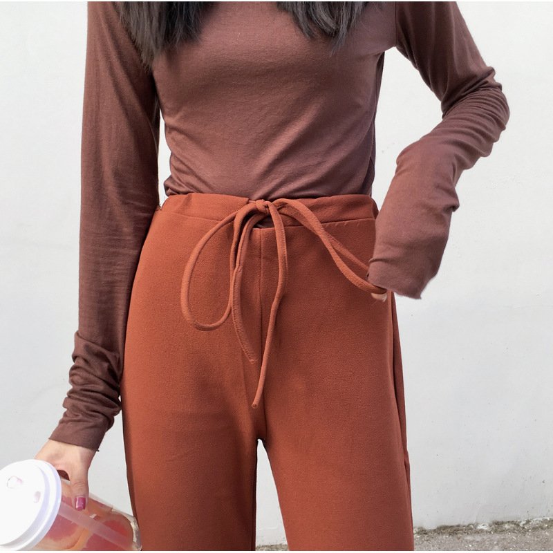 珂依舍2017秋装新款韩版秋装新款纯色系带高腰百搭显瘦阔腿休闲裤喇叭裤长裤