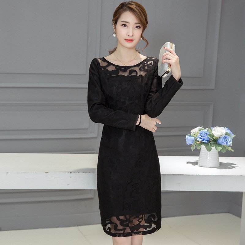 珂依舍2017秋装新款2017新款韩版百搭蕾丝春秋冬季打底连衣裙加厚中长款秋裙