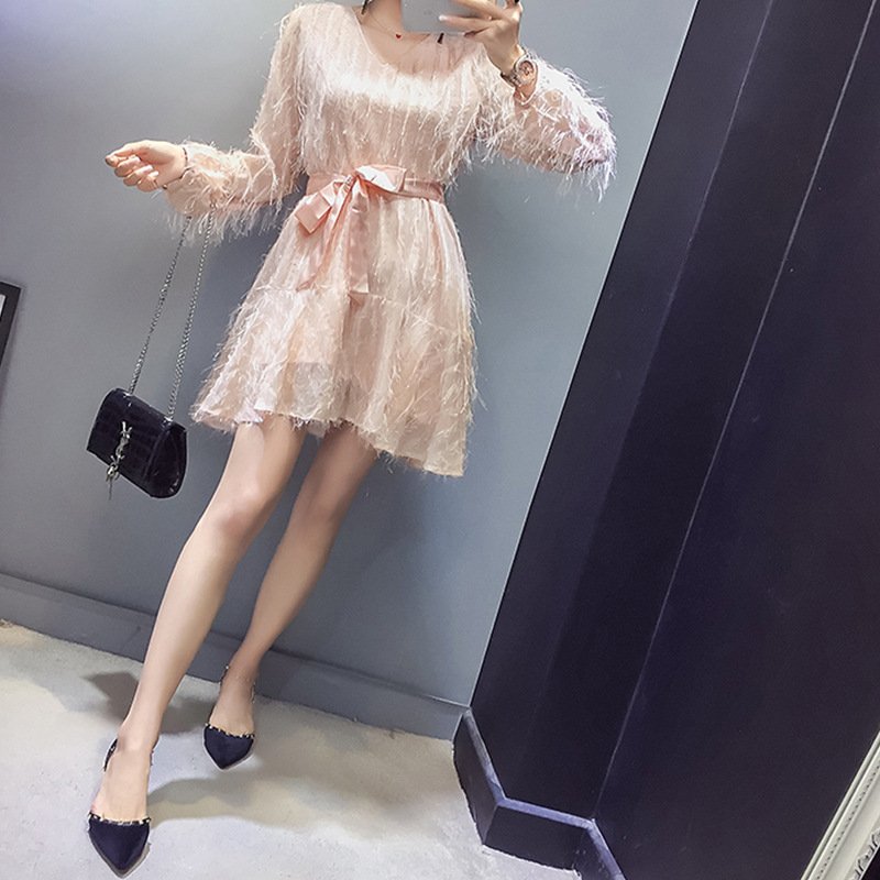 珂依舍2017秋装新款现货秋季新款韩版连衣裙气质V领毛边流苏宽松荷叶边系带