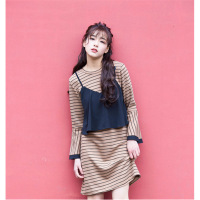 珂依舍2017秋装新款秋季新款拼接吊带条纹连衣裙