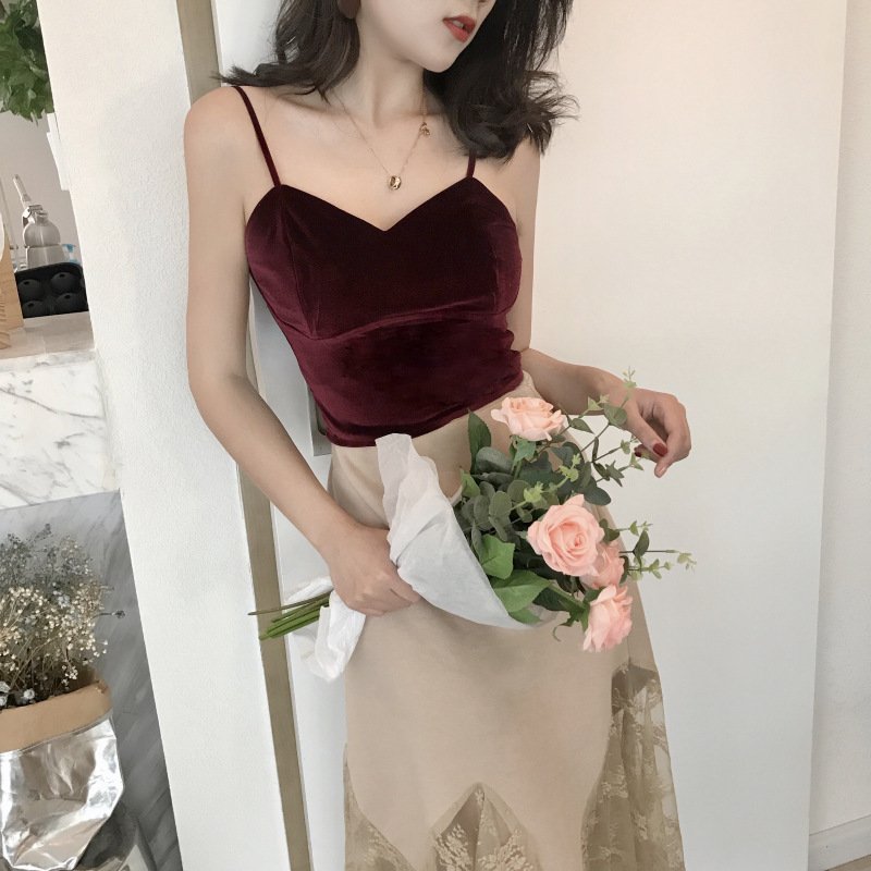 珂依舍2017秋装新款~丝绒裹胸小吊带复古修身显瘦气质弹力V领内搭背心