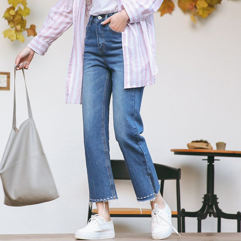 珂依舍2017秋装新款毛边直筒九分高腰哈伦阔腿裤BF风显瘦休闲牛仔裤女