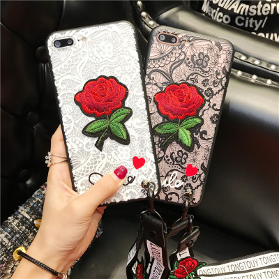 苹果6s手机壳刺绣玫瑰花iPhone7plus全包防摔8p/X挂绳保护套女款