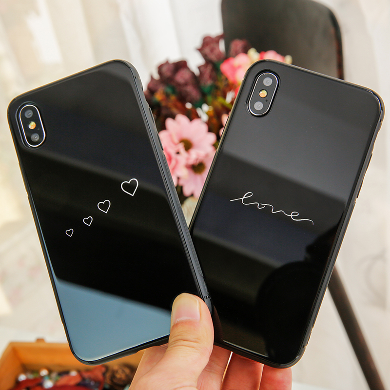 钢化玻璃手机壳iphonex简约爱心6s苹果7亮面全包8plus镜面防摔潮定制
