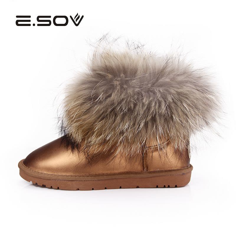 艾索维（E.SOV）冬季防水牛皮超大狐狸毛雪地靴女图片