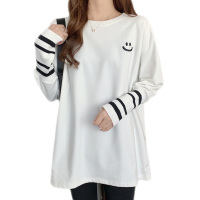 雅馨季笑脸磨毛长袖白色T恤女秋装新款设计感小众中长款宽松打底衫上衣