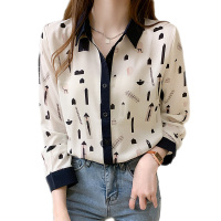 雅馨季2021秋季新款雪纺衫女韩版百搭拼色印花长袖雪纺衬衫女打底上衣