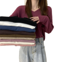 雅馨季2021秋冬新款宽松慵懒风毛衣女v领长袖针织衫女新款长袖上衣