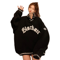 雅馨季2021新款秋季薄款V领卫衣女刺绣字母上衣女卫衣ins潮