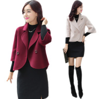 雅馨季纯色简约翻领2021秋冬季显瘦双排扣短款毛呢外套女