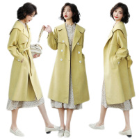 雅馨季风衣女翻领双排扣中长款纯色气质百搭优雅2021年春秋季