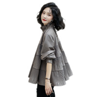 雅馨季2021春秋季新款衬衫女韩版高领宽松娃娃衫女百褶灯笼袖蓬蓬衫上衣