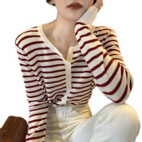 雅馨季条纹针织开衫女装2021新款早秋韩风chic薄款毛衣女外套ins长袖上衣