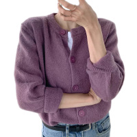 雅馨季紫色温柔风毛衣女开衫2021年新款秋冬圆领针织衫外套上衣外搭