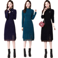 雅馨季针织连衣裙女秋冬2021新款洋气加厚过膝毛衣裙蕾丝打底裙子