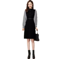 雅馨季黑色连衣裙秋冬装2021年新款女拼接中长款毛衣裙秋针织长袖打底裙女