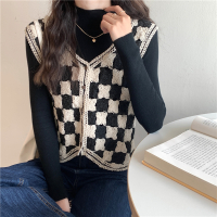 雅馨季[推客]港风百搭上衣2021新韩系棋盘格辣妹马甲针织开衫女秋装背心1890