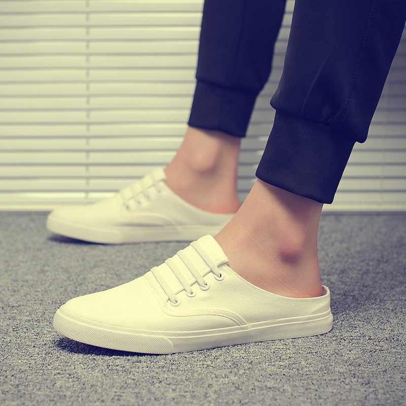 2017新款夏季防滑半拖鞋男包头无跟帆布拖鞋休闲凉鞋韩版小白鞋潮透气男鞋