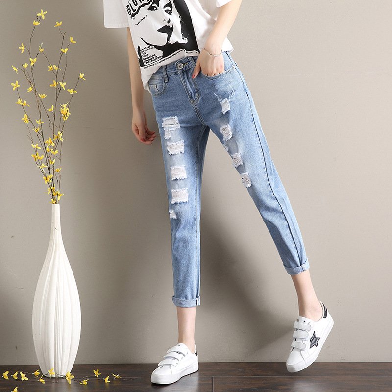 2017新款破洞牛仔裤女宽松九分裤韩版休闲哈伦裤女裤子学生春夏季2017新款