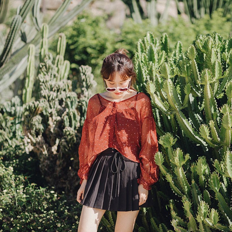 2017新款瞌睡兔星星印花V领花边轻薄雪纺衫女夏2017新款罩衫半透防晒衫