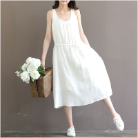 夏季新款文艺复宽松大码女装古白色褶皱棉麻背心长裙沙滩连衣裙潮