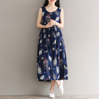 2017夏季新款文艺复古花色后系领无袖背心连衣裙棉麻碎花大摆长裙