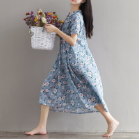 2016夏季新款宽松韩版文艺清新棉麻短袖碎花连衣裙森女系衬衣长裙