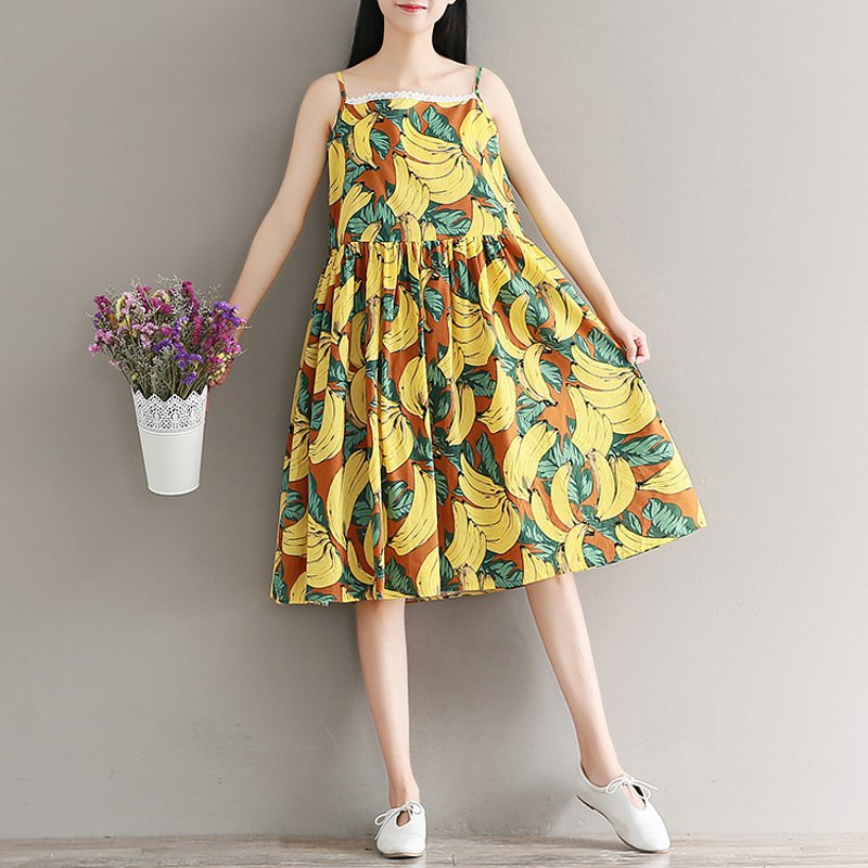 夏装新款文艺小清新宽松大码蕾丝花边度假吊带裙中长款无袖连衣裙