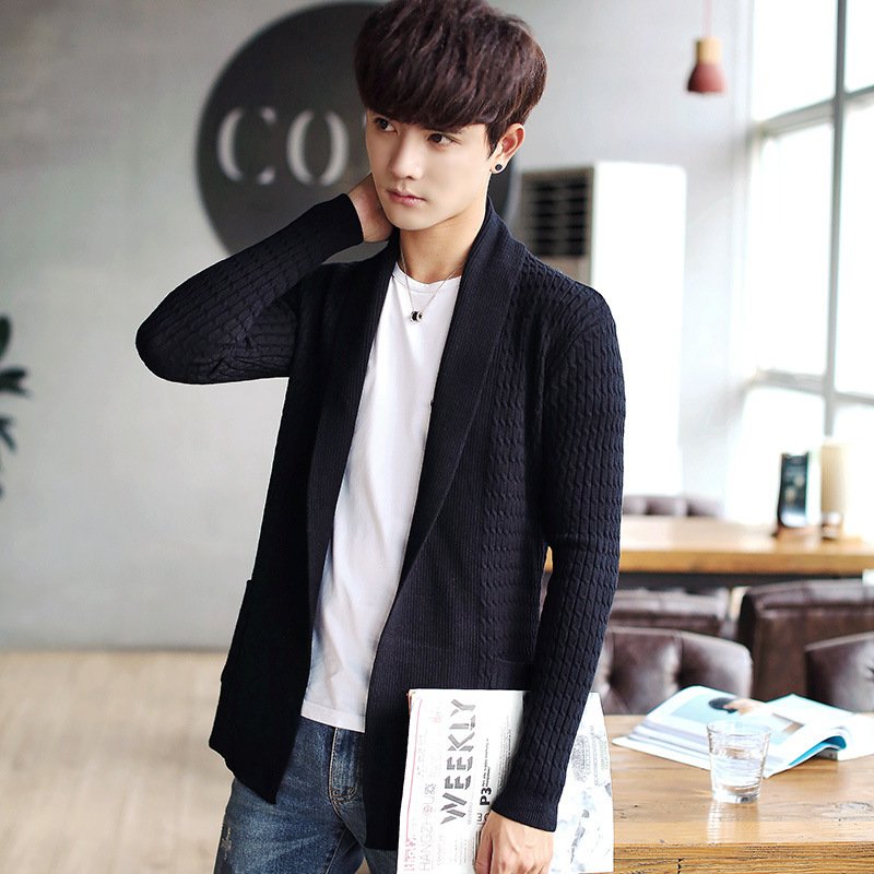 秋季毛衣男士青年韩版潮流开衫男针织衫外套英伦风衣中长款毛线衣
