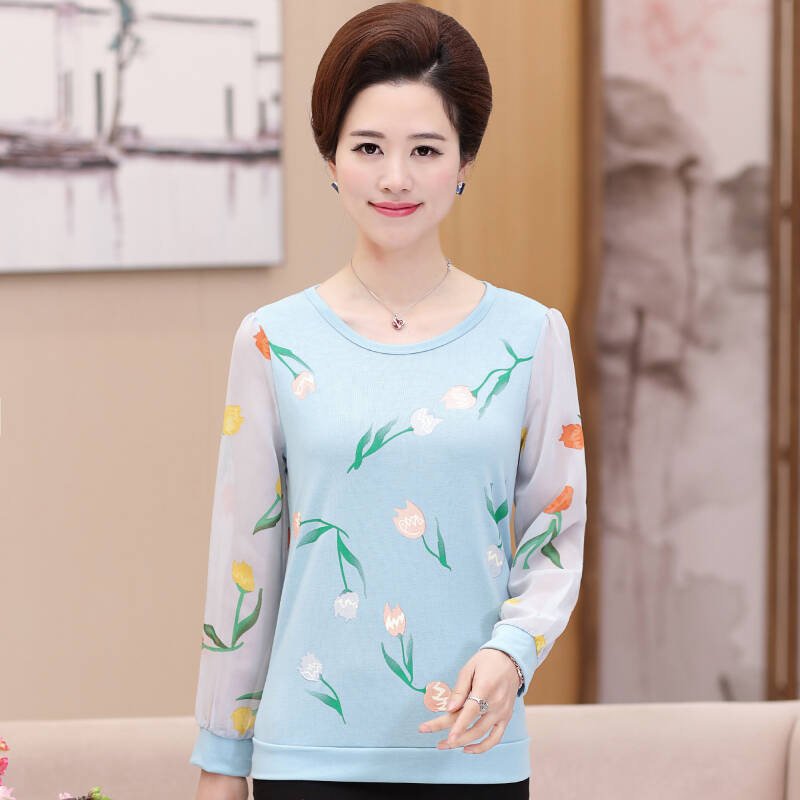 中老年女装春装套装妈妈装针织衫雪纺袖上衣裤子中年人两件套装女浅蓝色长袖上衣+裤子