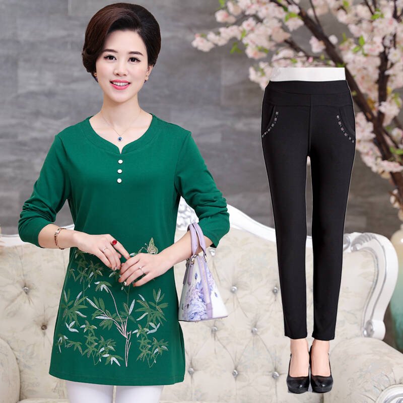 中老年女装春装上衣40-50岁中年妈妈装春秋打底衫中长款长袖t恤女XL(建议95-115斤)