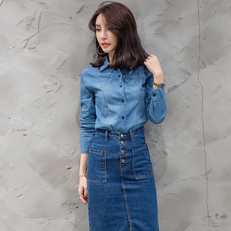2017新款牛仔衬衫女长袖韩版2017春装新款纯棉牛仔衬衣女休闲百搭薄款春秋