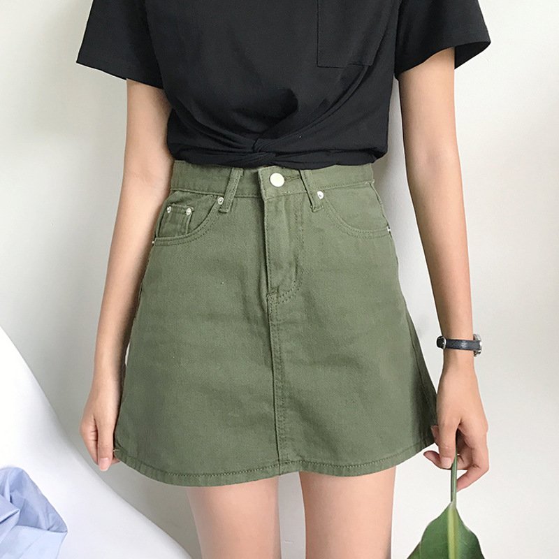2017新款夏季韩版宽松百搭纯色休闲短裙女A字裙高腰显瘦半身裙牛仔裙学生