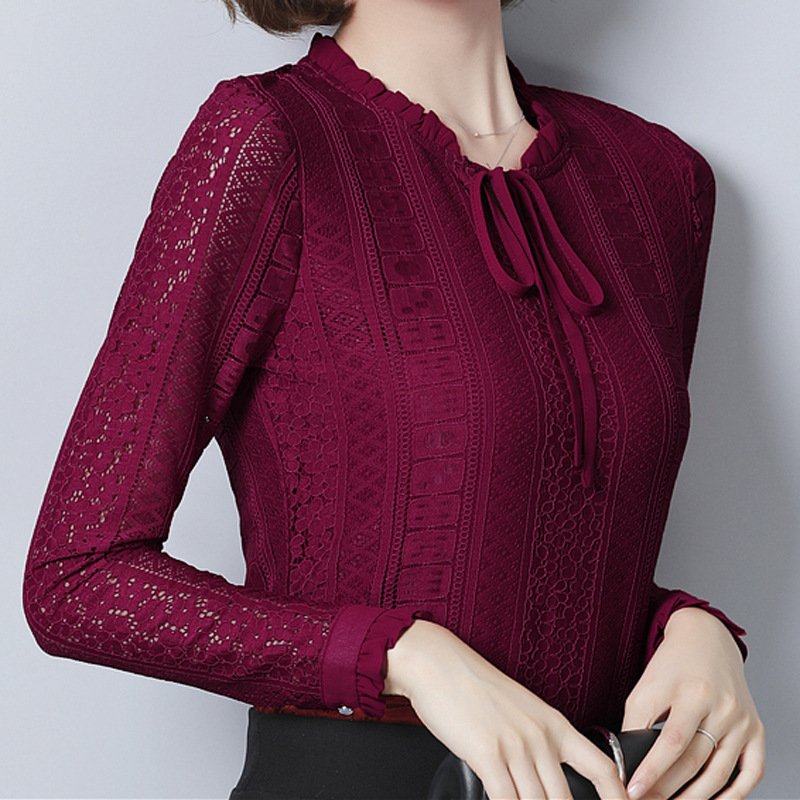 2017秋季新款蕾丝衫韩版时尚镂空衬衫纯色打底长袖上衣女小衫
