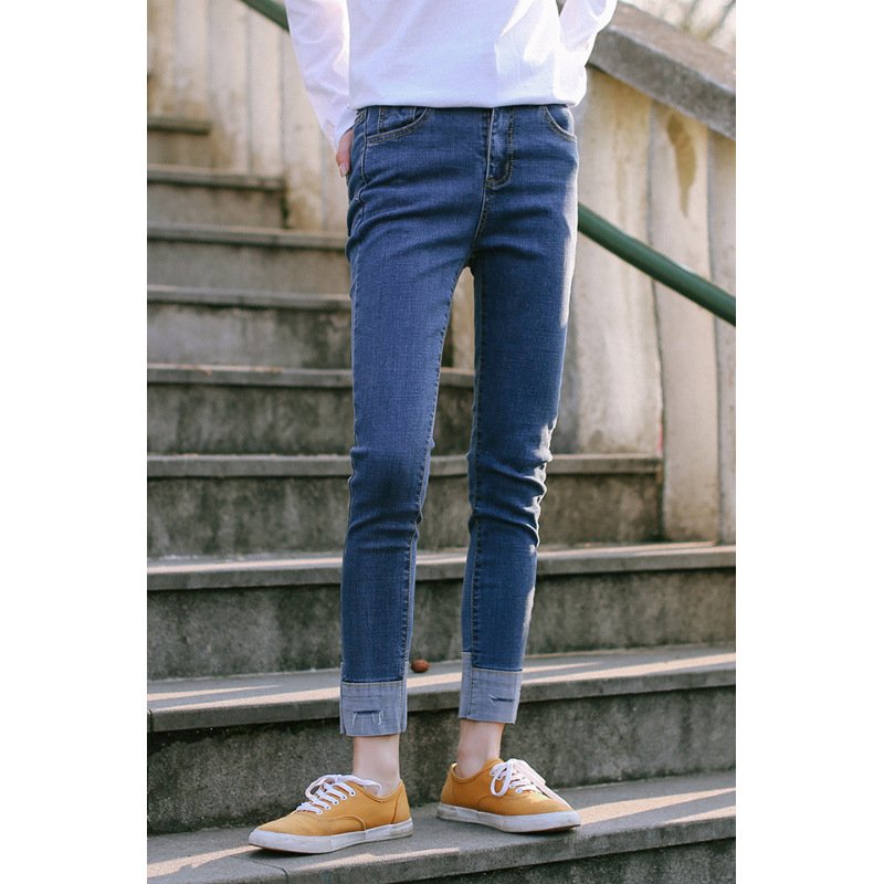 蜜妃儿秋装新款女装潮韩版高腰翻边牛仔裤女九分裤小脚裤显瘦