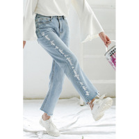 秋装新款女字母印花高腰牛仔九分裤女宽松学生毛边直筒裤百搭
