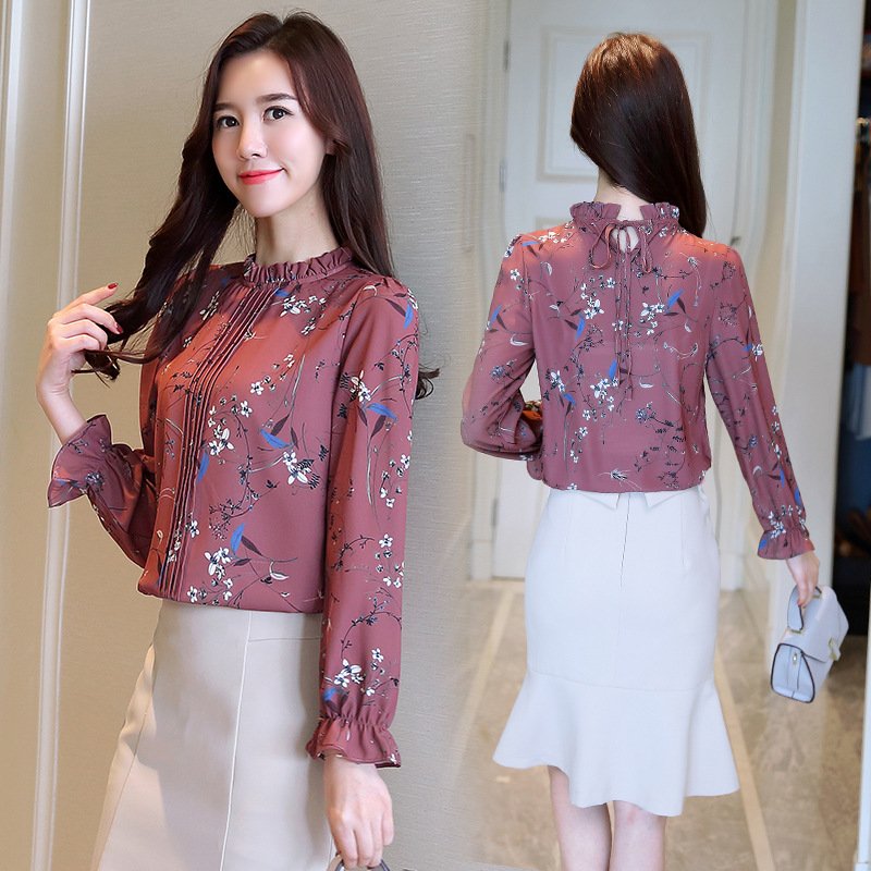 秋装新款韩版镂空花边立领喇叭袖衬衫女百搭蝴蝶结雪纺碎花上衣服