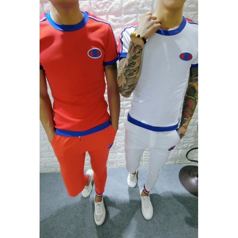 快手红人同款夏季情侣t恤套装运动圆领短袖T恤两件套装男韩版