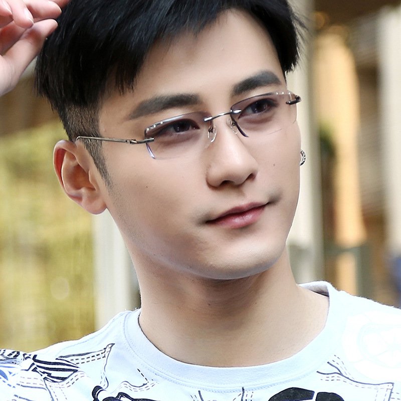 近视眼镜男款纯钛合金超轻眼镜框架钻石切边镶钻无框成品眼镜9079
