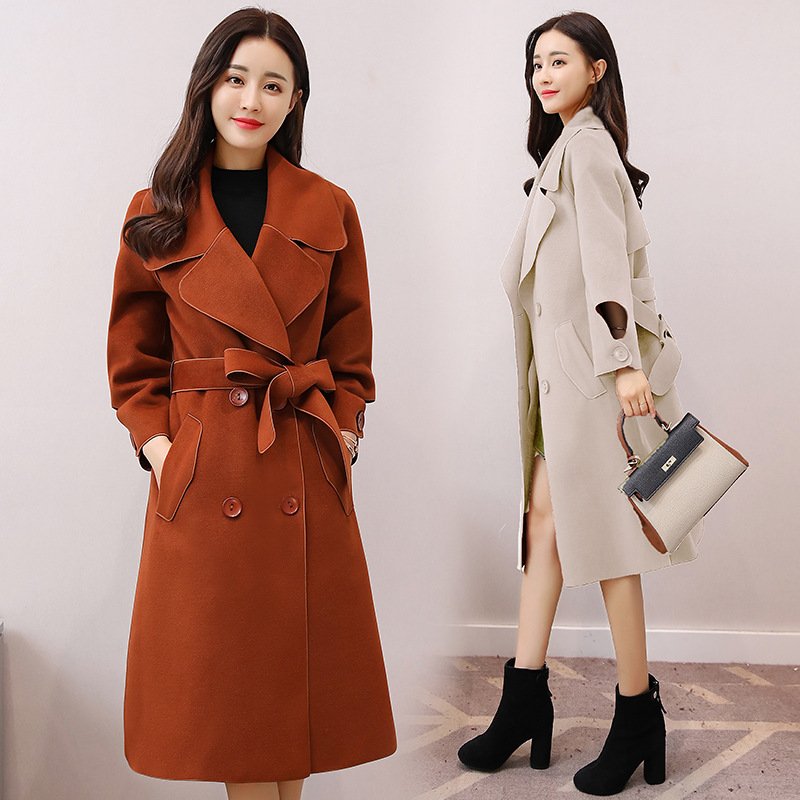 仿羊绒2017秋冬女新品双面呢百搭气质显瘦翻领系带呢子外套大衣女