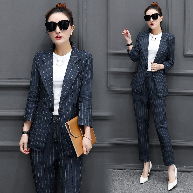 春季新款条纹西装时尚套装职业服修身显瘦OL气质女士两件套