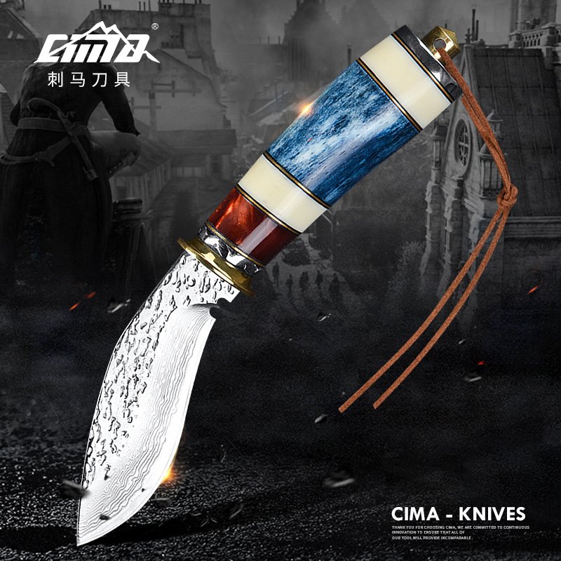 cima军刀大马士革钢刀手工锻打花纹钢刀胚高硬度狗腿军刃收藏刀具