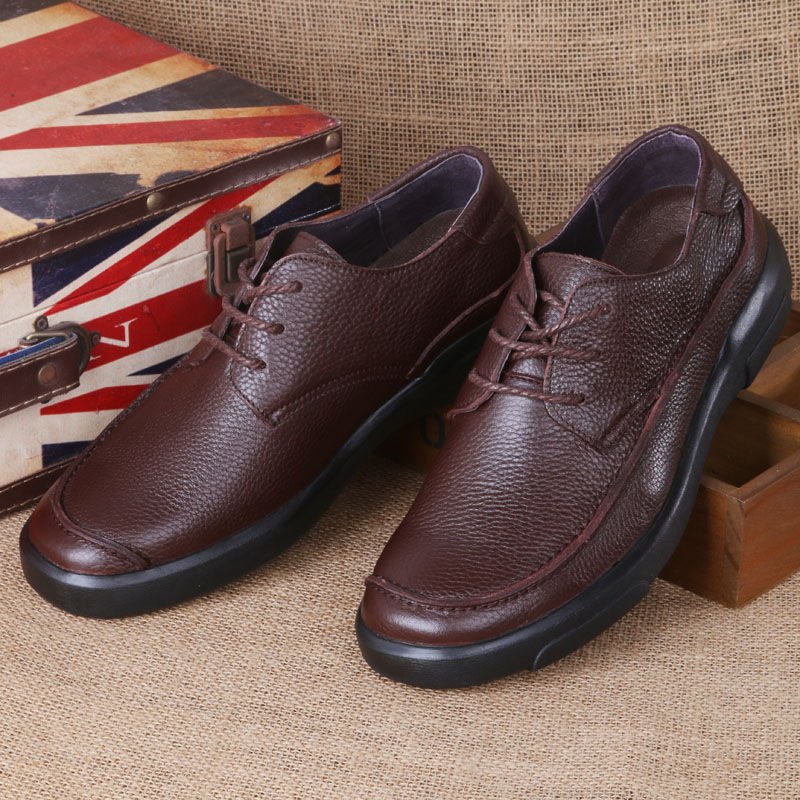 男士休闲皮鞋秋季商务系带男鞋软底头层牛皮中老年爸爸鞋休闲