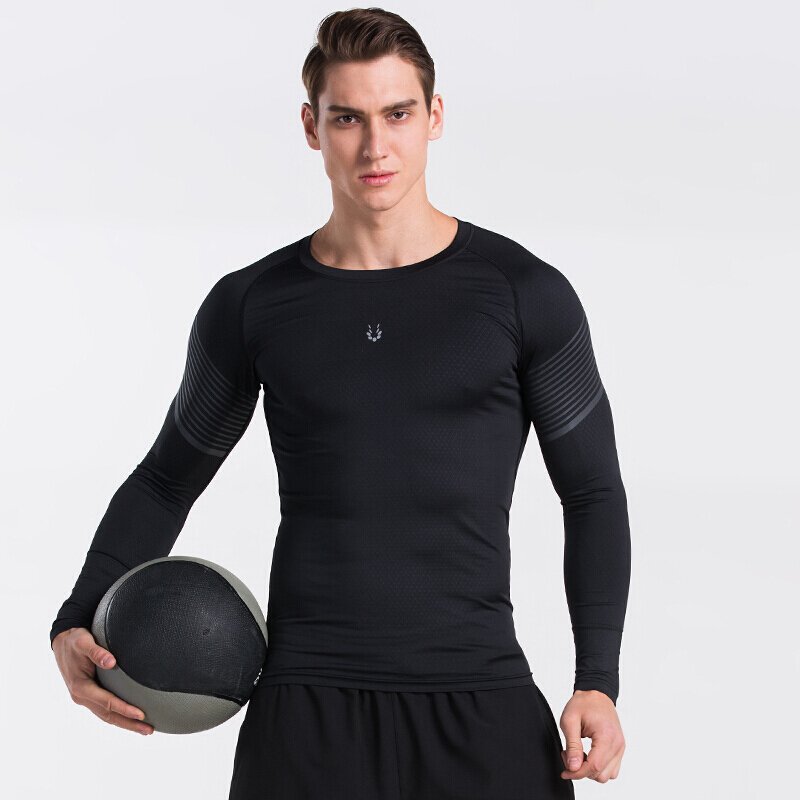 紧身衣男运动长袖篮球足球速干T恤健身房教练服跑步训练弹力压缩健身服黑拼浅灰流光MBF72703七天无理由退货 品质保证