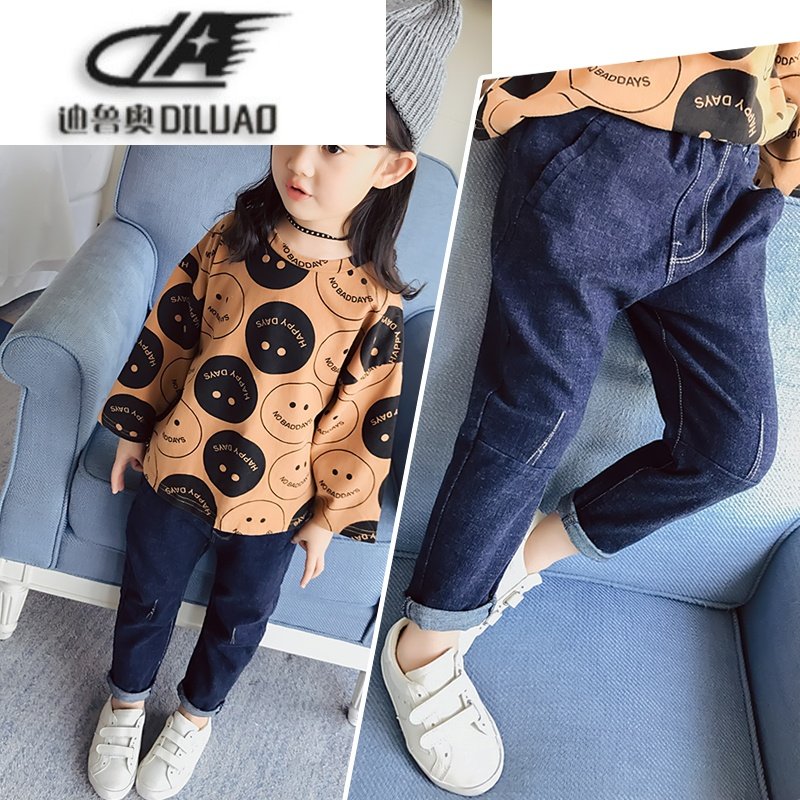 女童秋装牛仔裤2017新款童装儿童磨毛百搭裤子小女孩秋季牛仔长裤