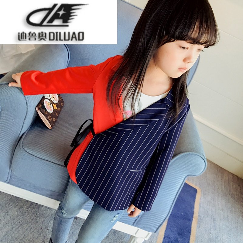 女童秋装外套2017新款韩版中大童装小女孩儿童春秋拼接条纹小西装